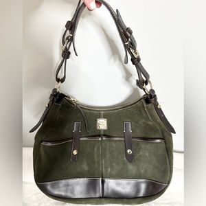 Dooney & Bourke Olive Green Suede Brown Leather Trim Shoulder Bag Adjustable